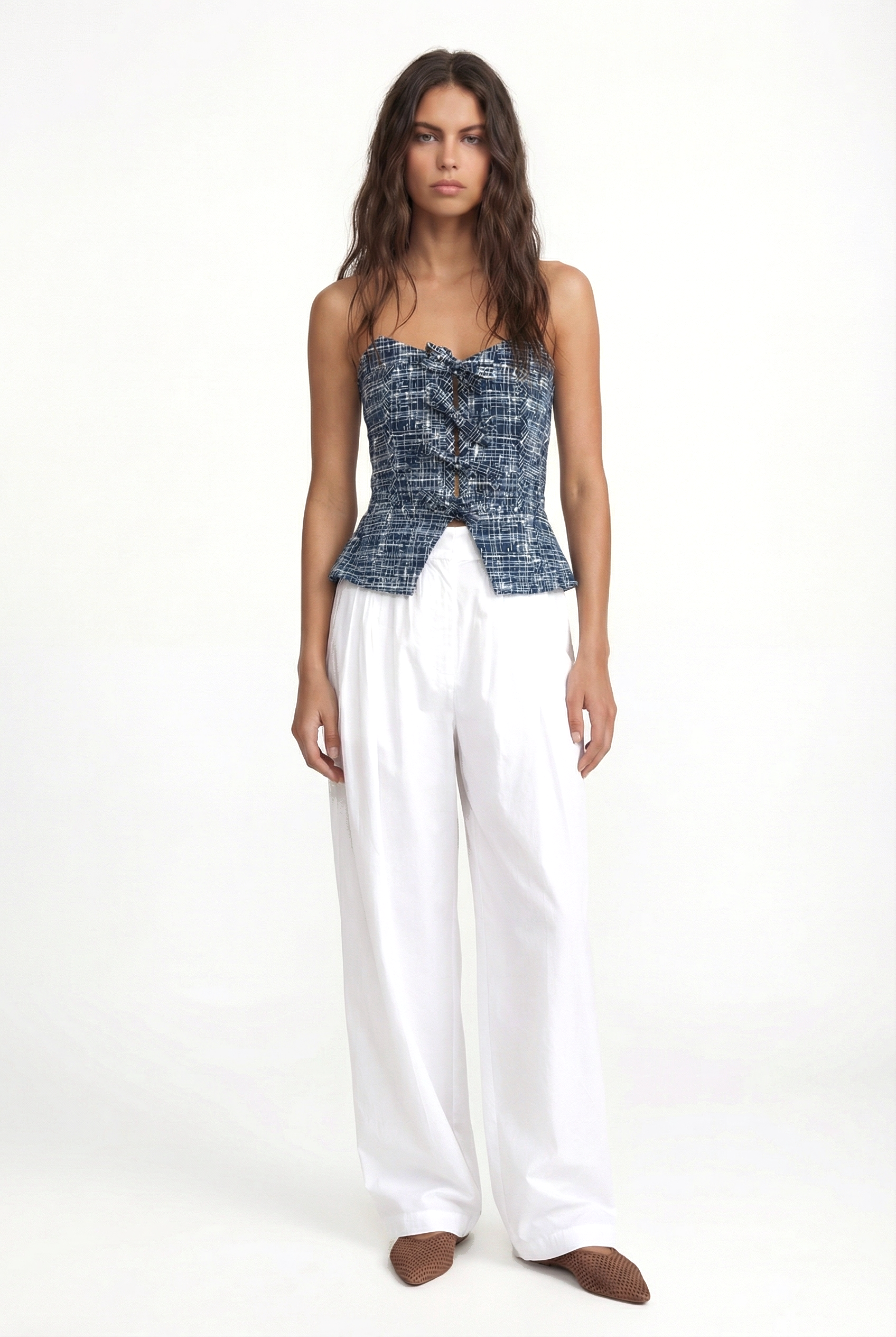 NARA - FRONT LACE-UP STRAPLESS BUSTIER - CROSSED LINES NAVY – PIA