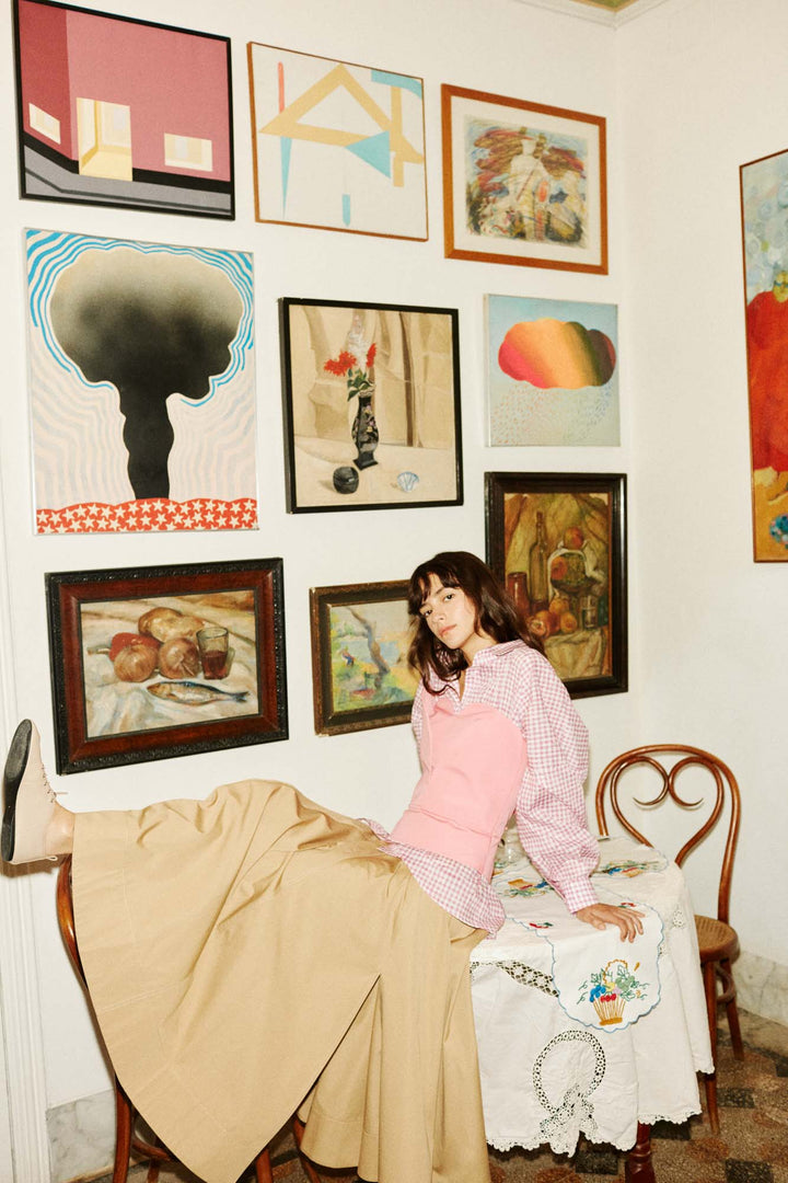 BELICIA - PEMBE KARELİ OVERSIZE GÖMLEK