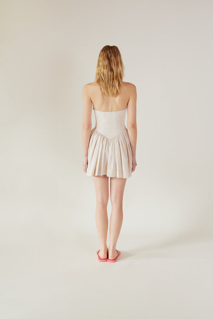 LEYLA - Hardal Detaylı Mini Babydoll Elbise Ekru