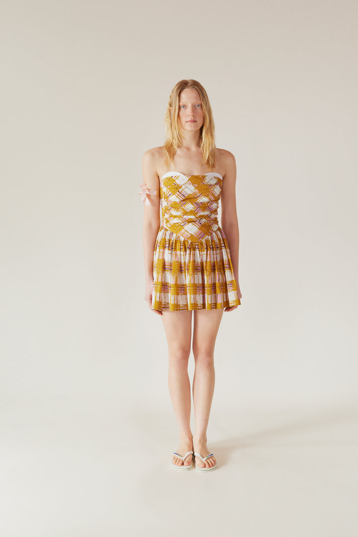 LEYLA - Mini Babydoll Dress Printed - MUSTARD MADRAS PRINT