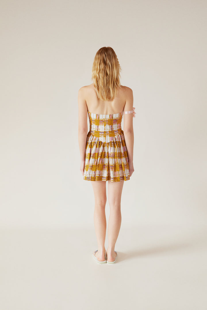 LEYLA - Mini Babydoll Dress Printed - MUSTARD MADRAS PRINT