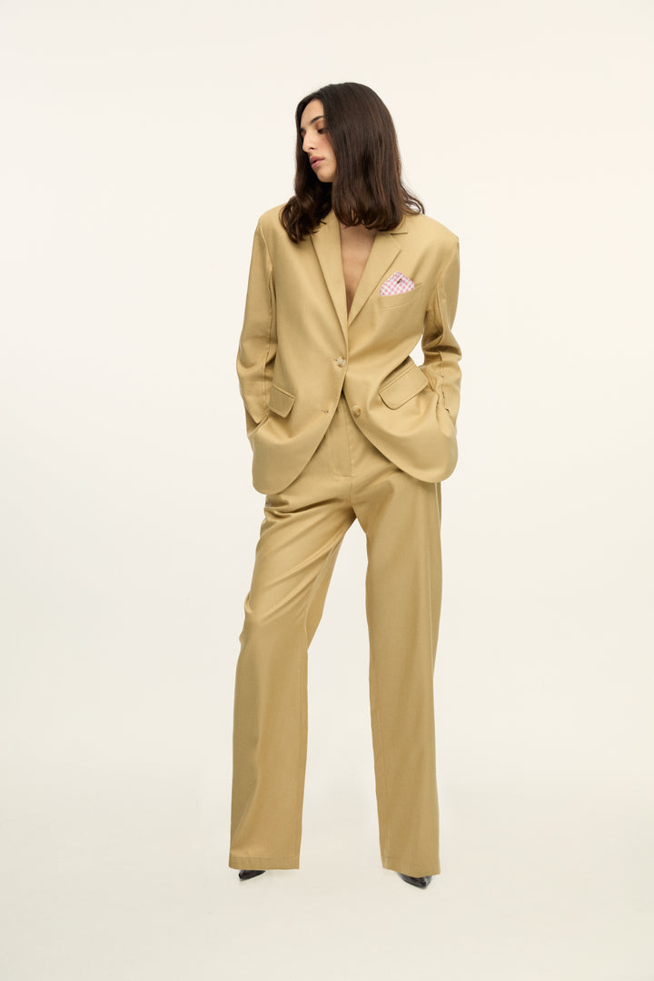 LUIS - OVERSIZE JACKET WITH PINK PLAID POCKET SQUARE - CREAM YELLOW