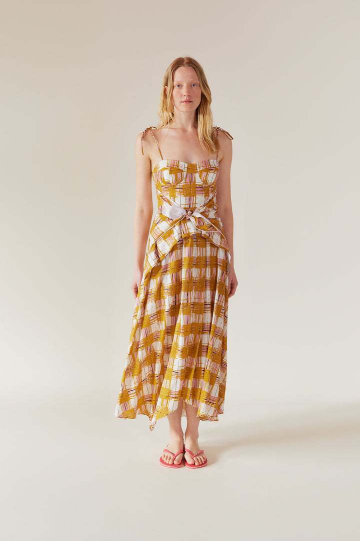 LEYA - Bustier Maxi Dress Madras Printed - MUSTARD MADRAS PRINT