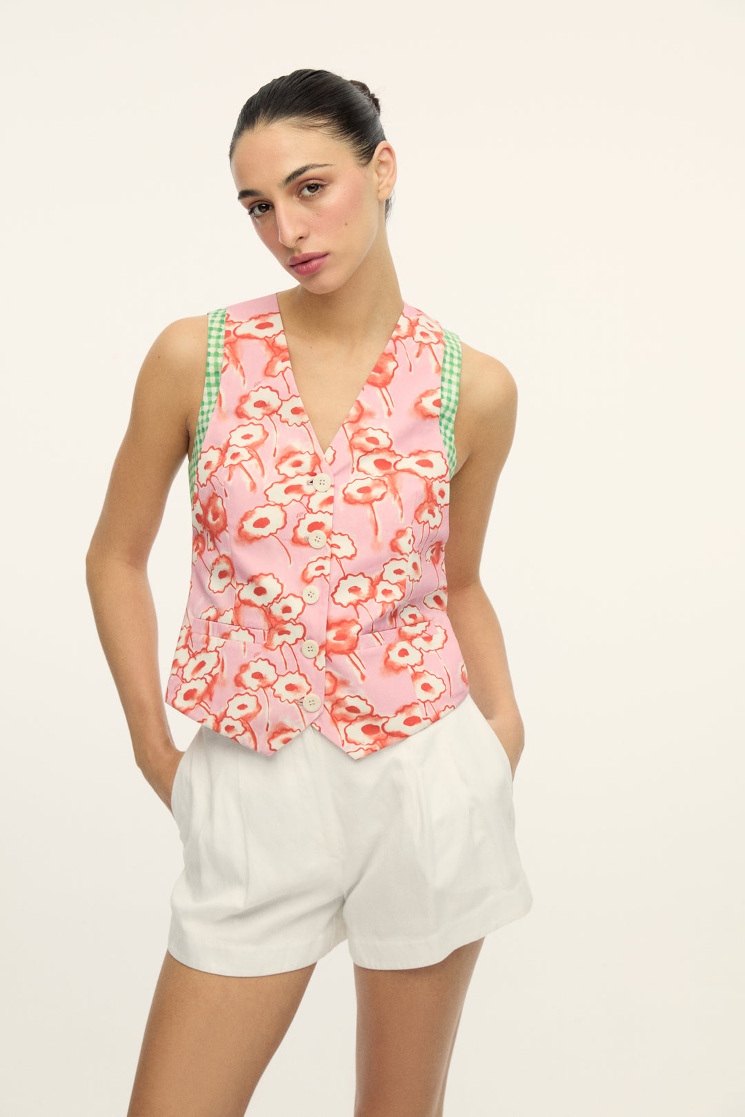 MERCE - PINK FLOWER PATTERNED VEST WITH GREEN PLAID DETAIL - PINK