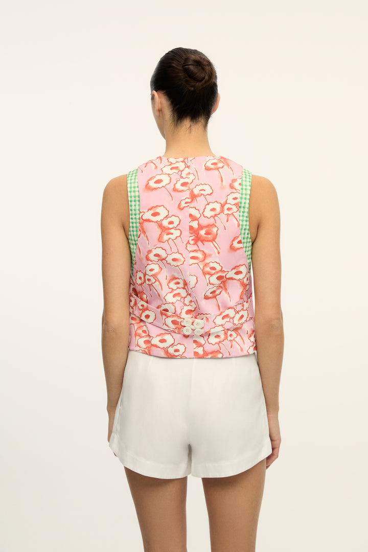 MERCE - PINK FLOWER PATTERNED VEST WITH GREEN PLAID DETAIL - PINK