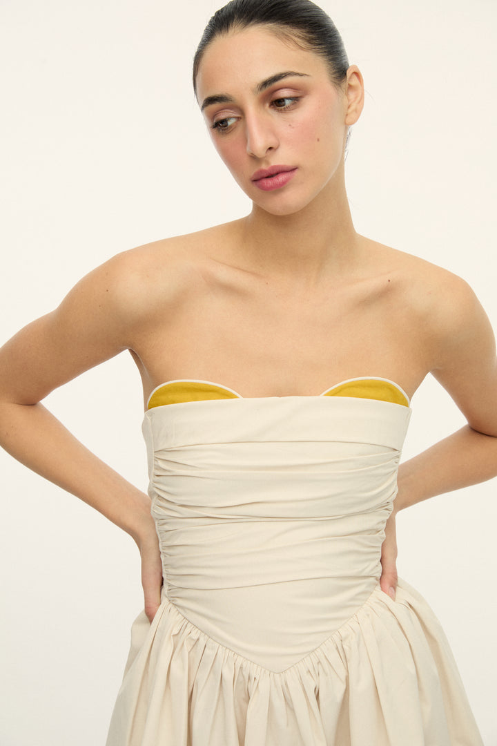 LEYLA - Hardal Detaylı Mini Babydoll Elbise Ekru
