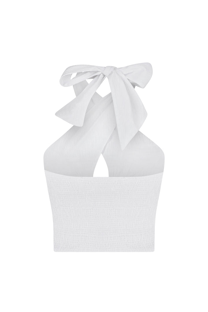 Cove - White Crinkled Bow Halter Crop Top
