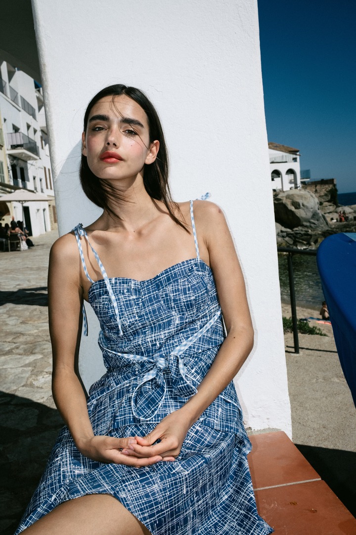 COAST - FRONT-TIE ASYMMETRIC SHORT DRESS - CROSSED LINES NAVY
