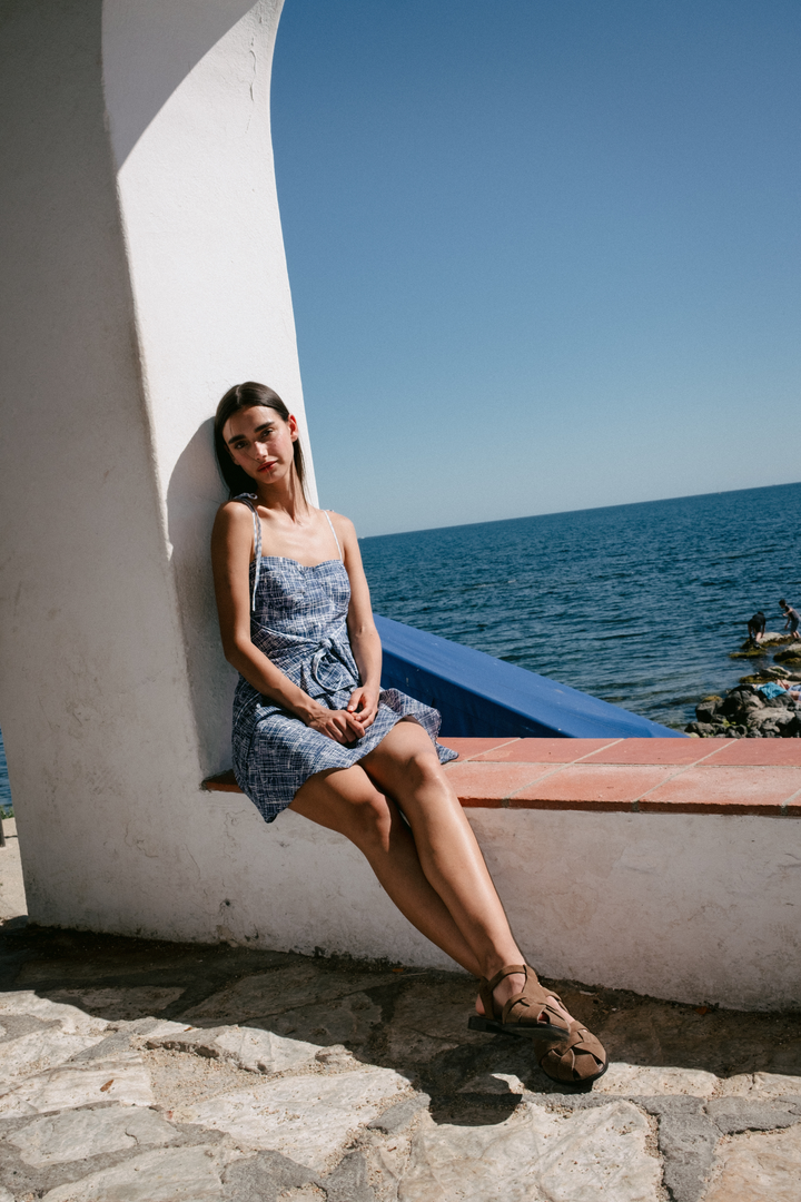 COAST - FRONT-TIE ASYMMETRIC SHORT DRESS - CROSSED LINES NAVY