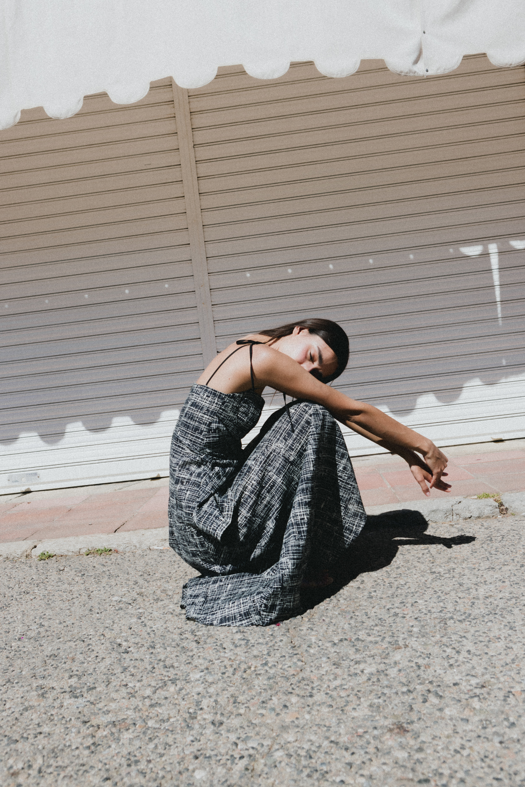 LEYA - ASYMMETRIC CUT FRONT TIED LONG DRESS - CROSSED LINES BLACK