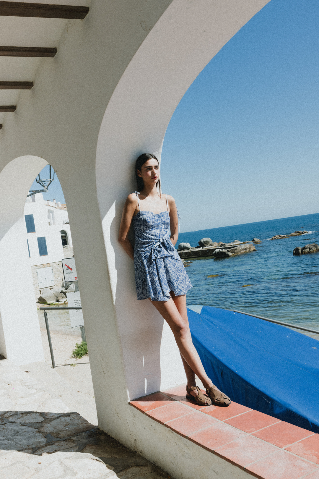 COAST - FRONT-TIE ASYMMETRIC SHORT DRESS - CROSSED LINES NAVY