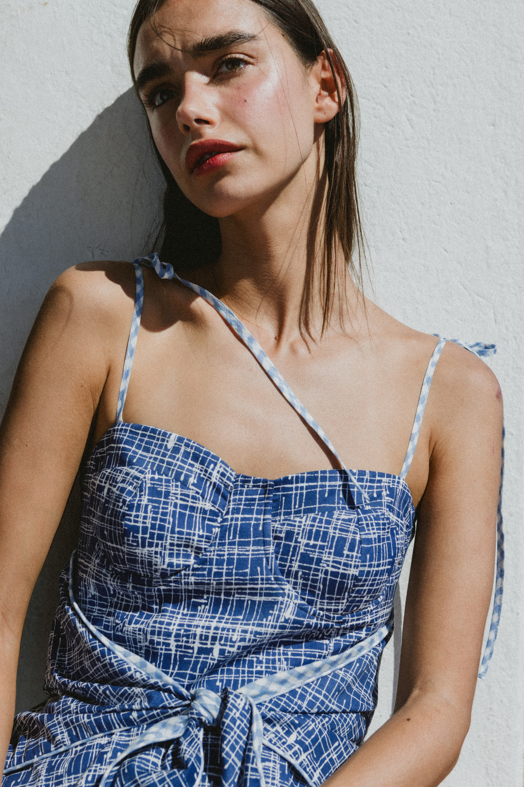 COAST - FRONT-TIE ASYMMETRIC SHORT DRESS - CROSSED LINES NAVY