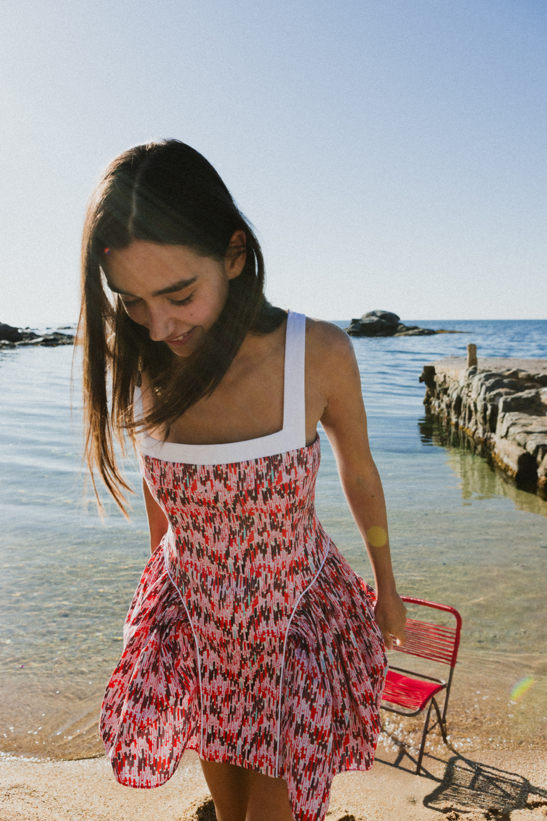 LINA - PEMBE KIRMIZI GEOMETRİK BASKILI ELBİSE