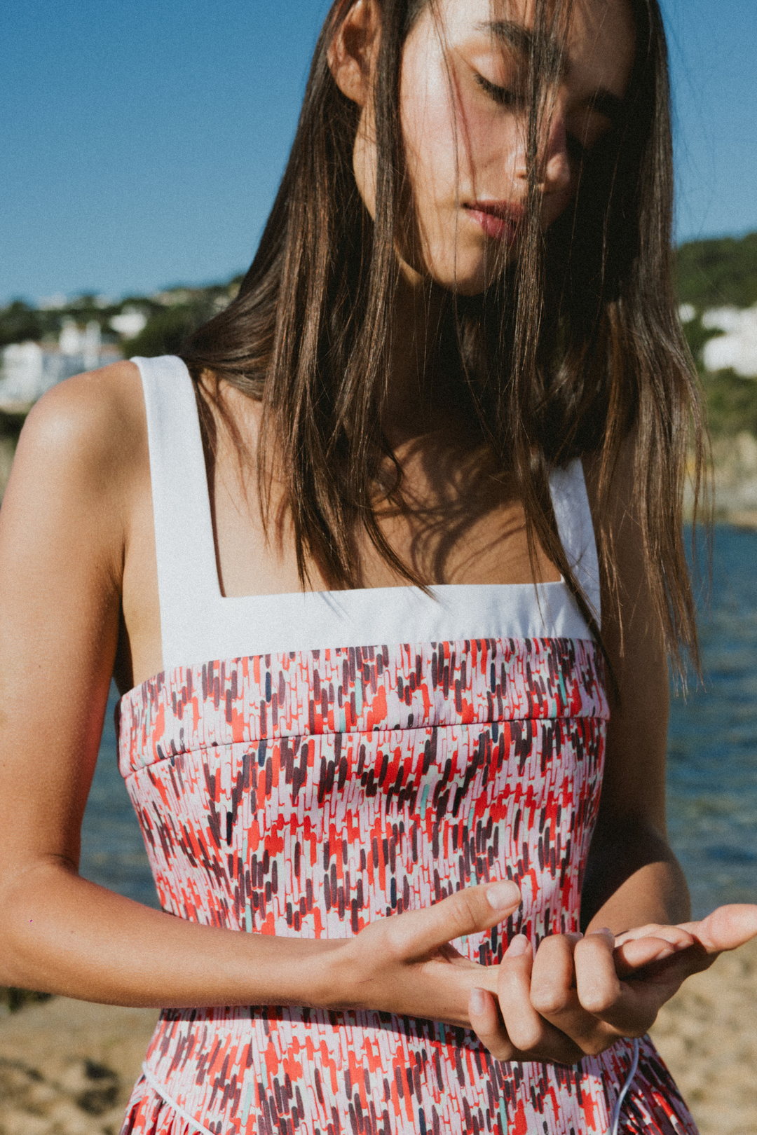 LINA - PEMBE KIRMIZI GEOMETRİK BASKILI ELBİSE