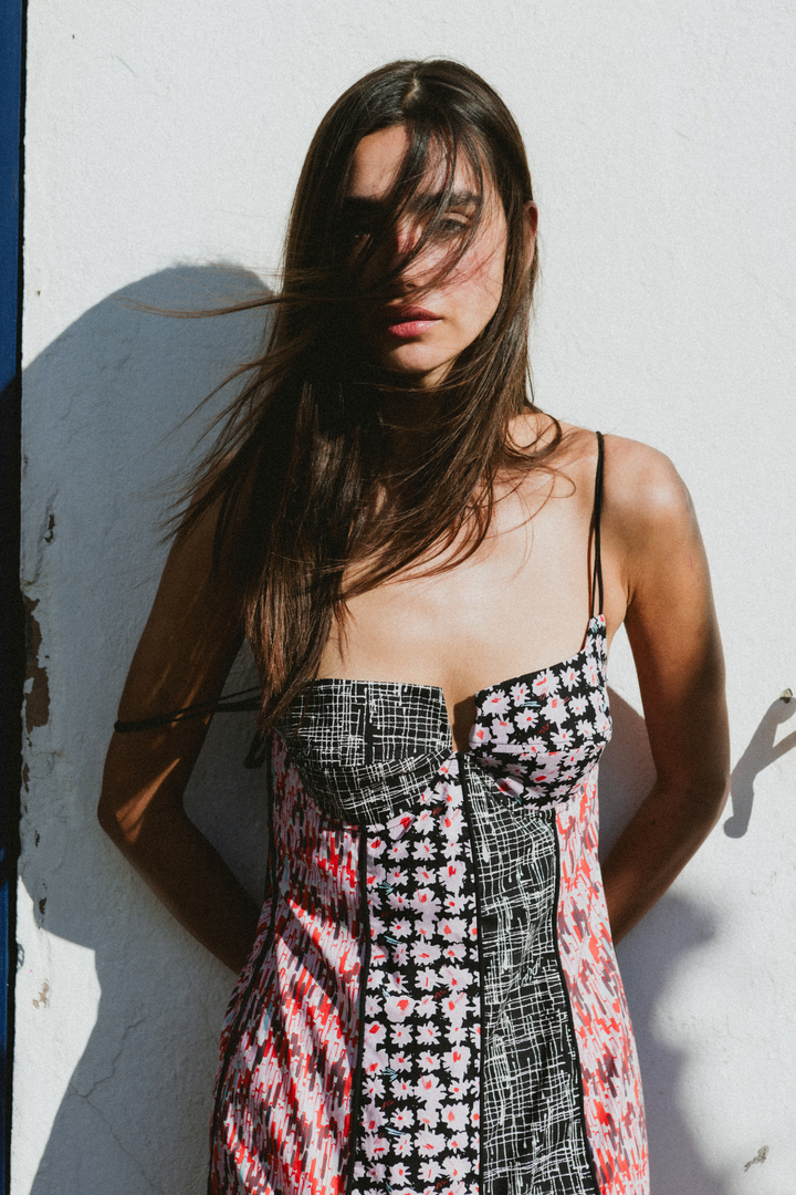 AUDREY - ASKI DETAYLI A FORM PATCHWORK RENKLİ ELBİSE