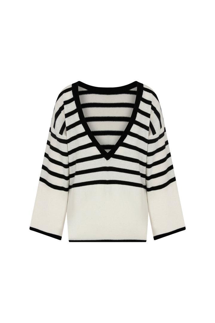 Tete - Open Back Cashmere Blended White & Black Striped Sweater