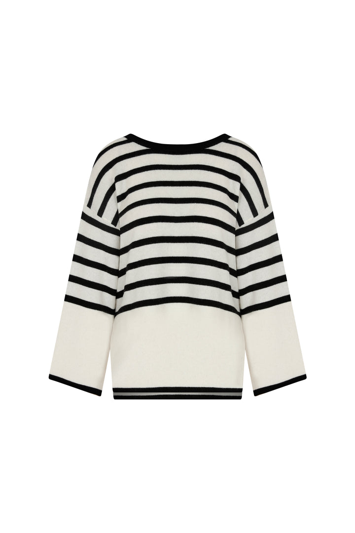 Tete - Open Back Cashmere Blended White & Black Striped Sweater