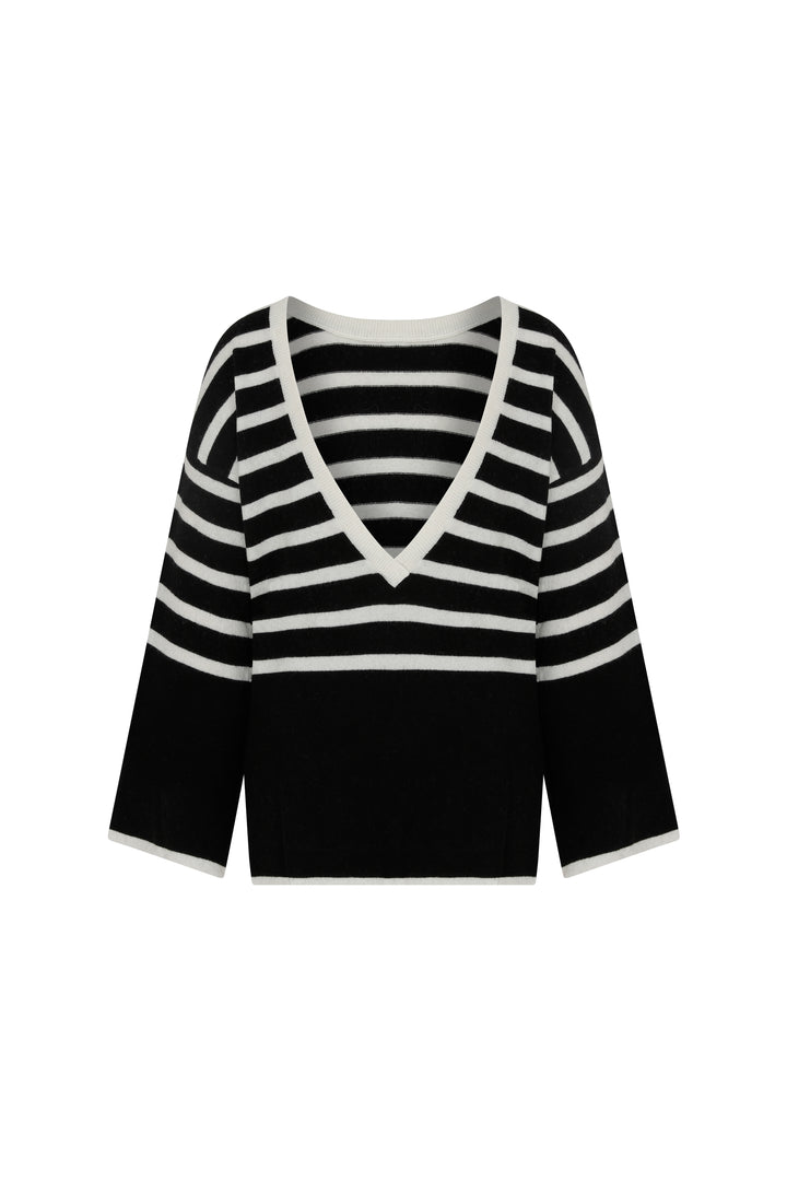 Tete - Open Back Cashmere Blended Black & White Striped Sweater