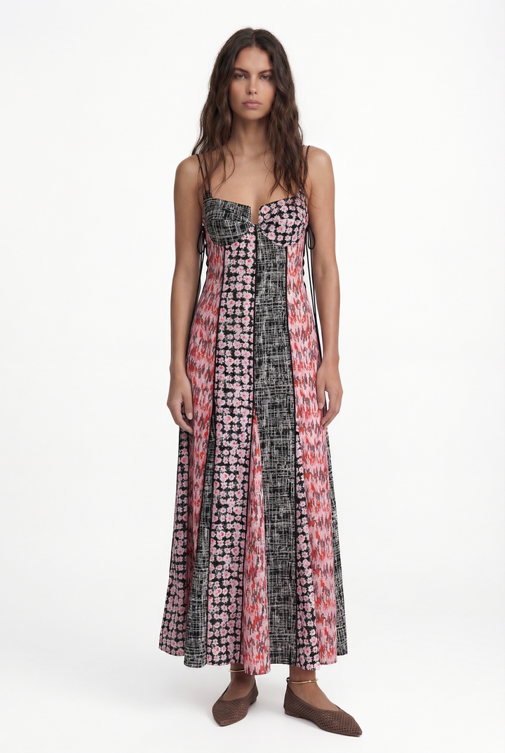 AUDREY - ASKI DETAYLI A FORM PATCHWORK RENKLİ ELBİSE