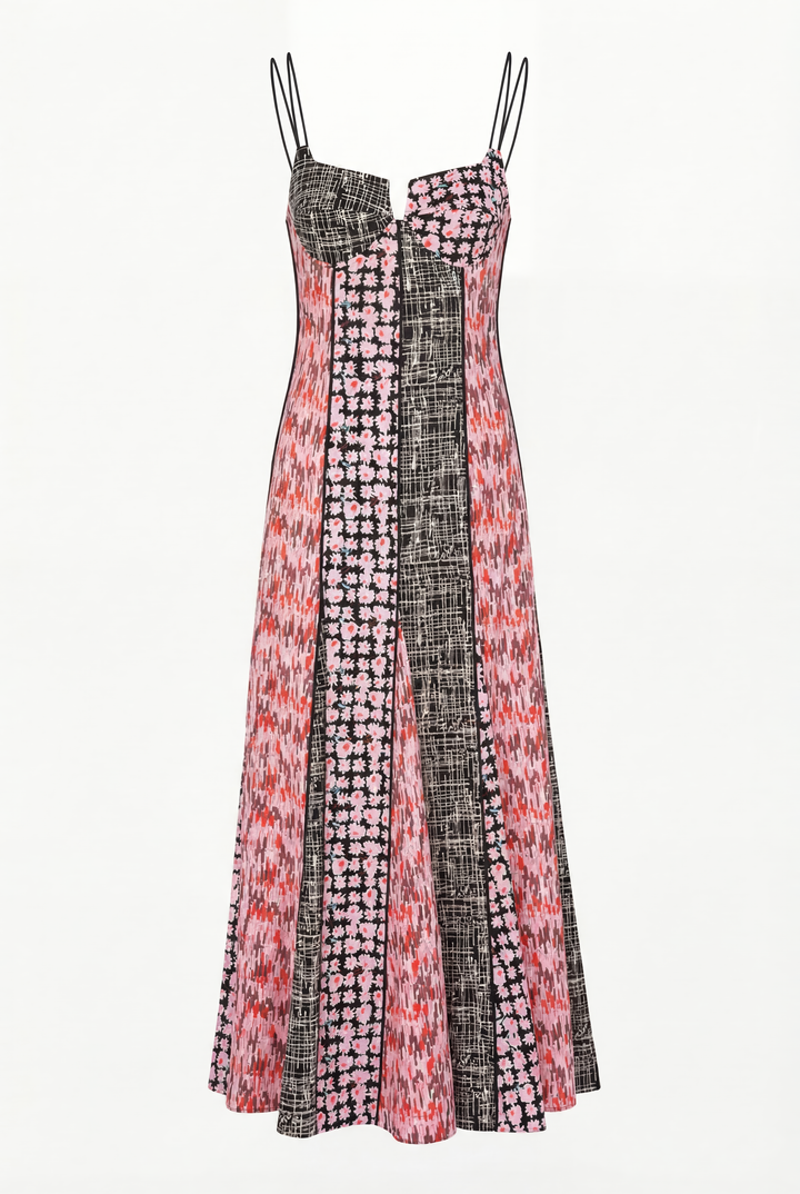 AUDREY - ASKI DETAYLI A FORM PATCHWORK RENKLİ ELBİSE