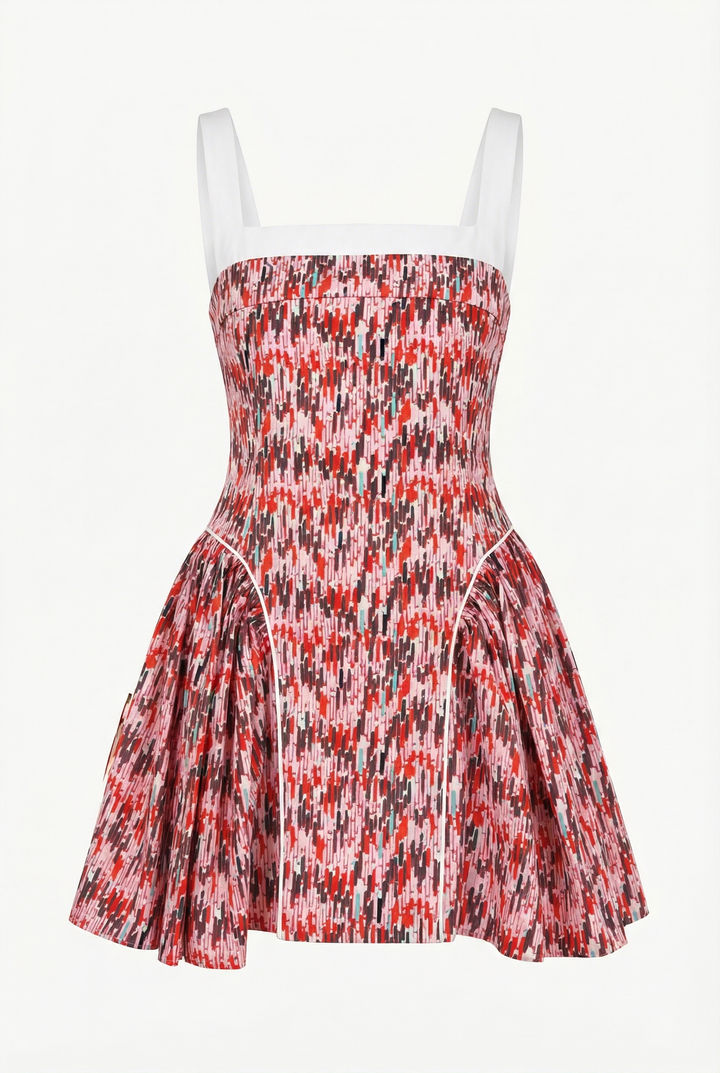 LINA - PEMBE KIRMIZI GEOMETRİK BASKILI ELBİSE