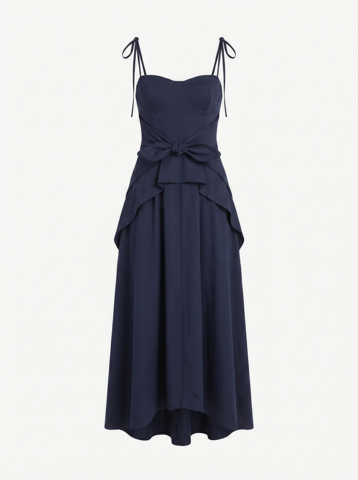 LEYA - BAĞLAMA DETAYLI ASİMETRİK UZUN LACİVERT ELBİSE