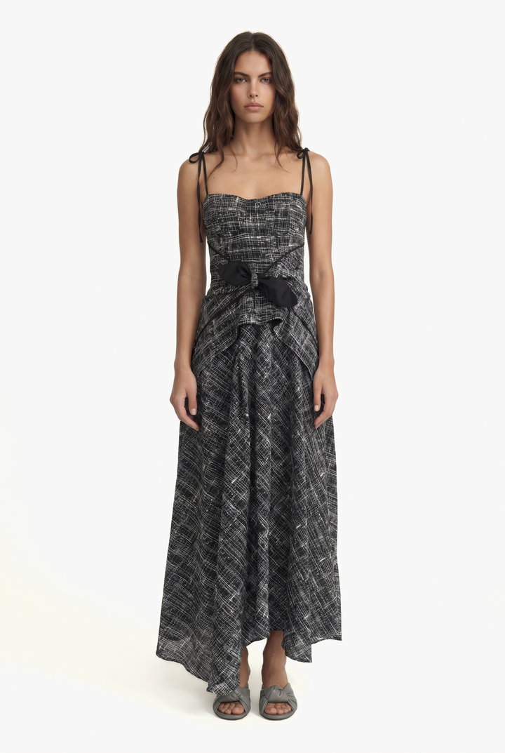 LEYA - ASYMMETRIC CUT FRONT TIED LONG DRESS - CROSSED LINES BLACK