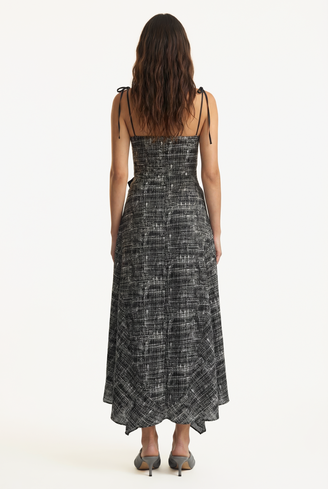 LEYA - ASYMMETRIC CUT FRONT TIED LONG DRESS - CROSSED LINES BLACK