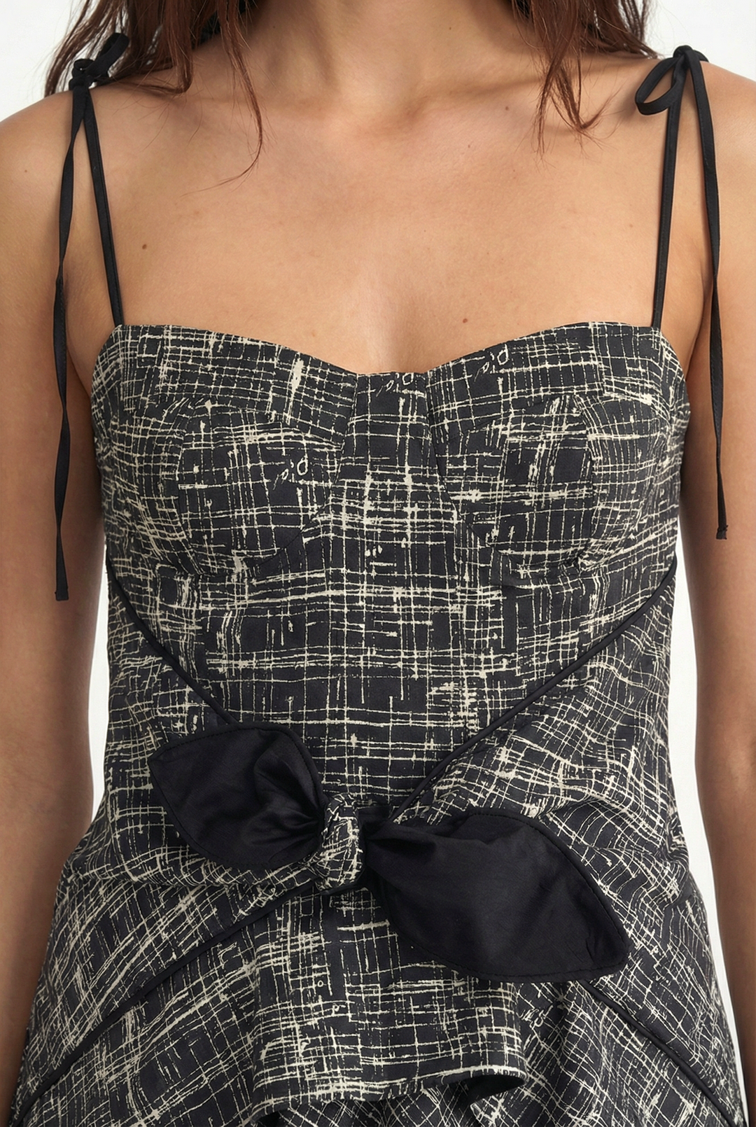 LEYA - ASYMMETRIC CUT FRONT TIED LONG DRESS - CROSSED LINES BLACK