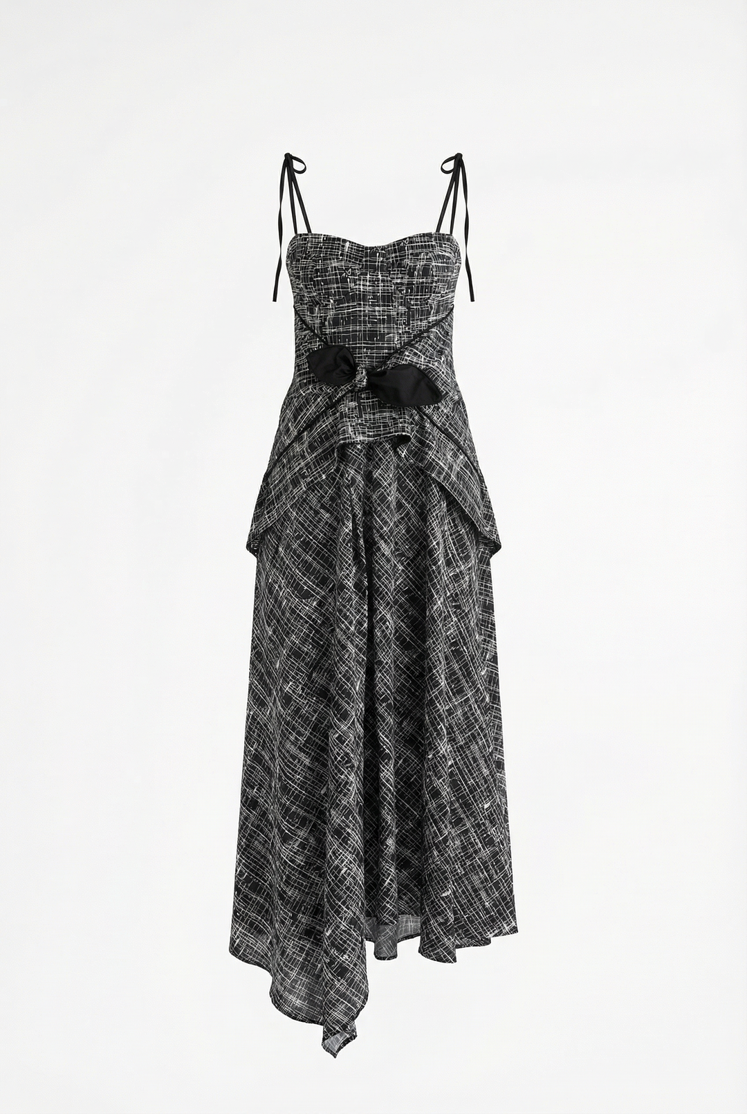 LEYA - ASYMMETRIC CUT FRONT TIED LONG DRESS - CROSSED LINES BLACK