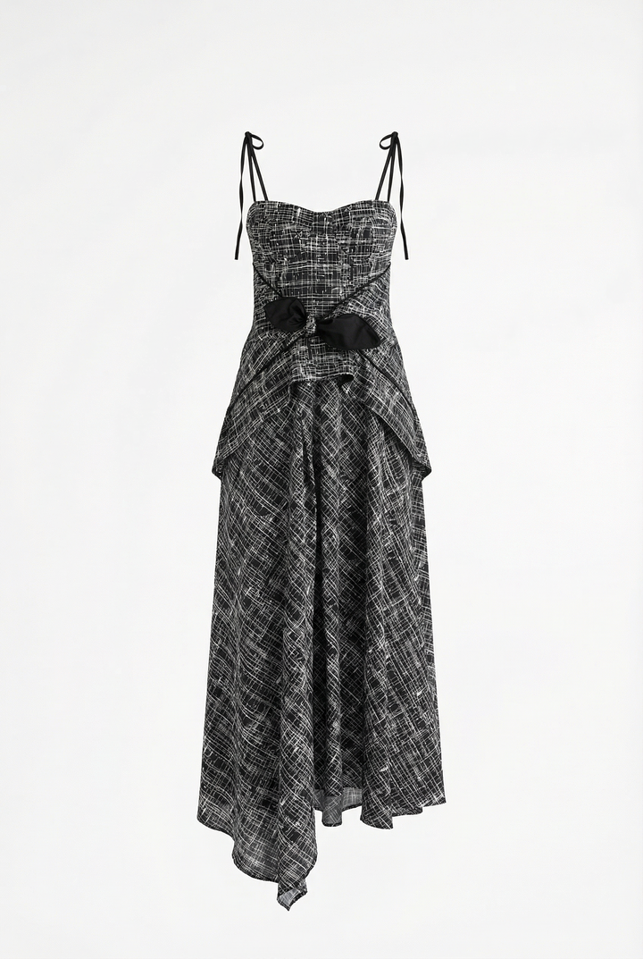 LEYA - ASYMMETRIC CUT FRONT TIED LONG DRESS - CROSSED LINES BLACK