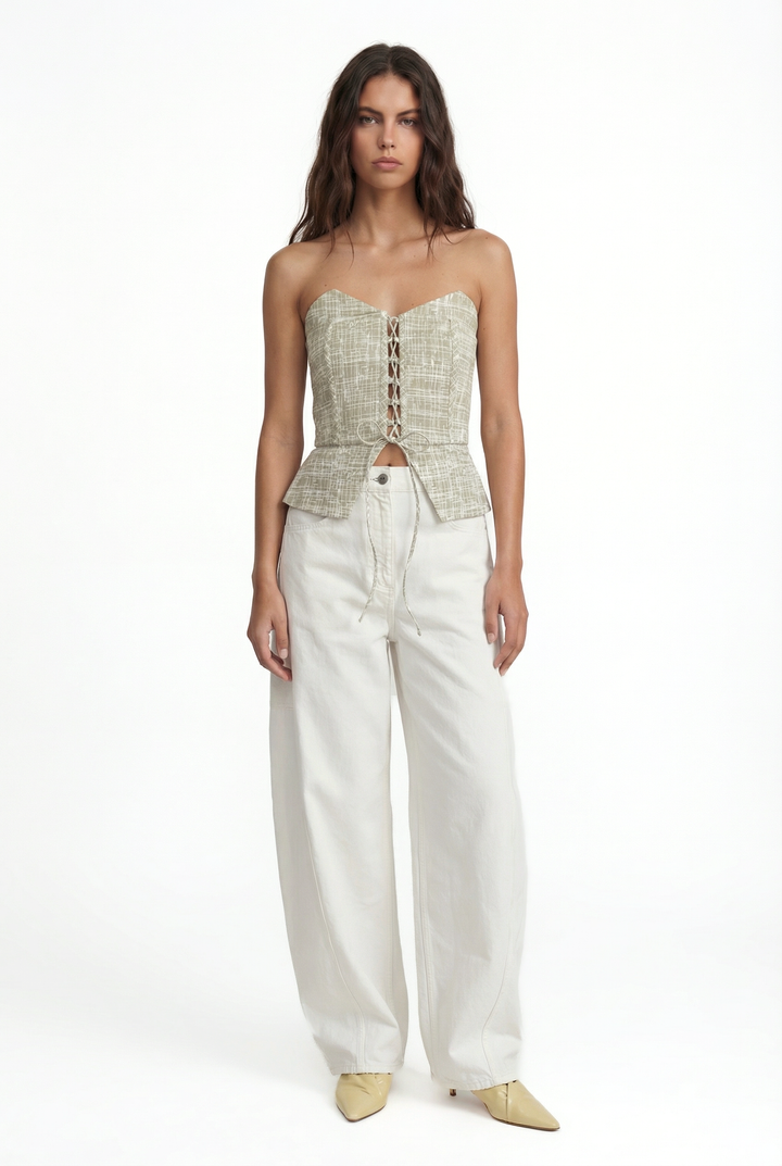 BIANCO - HAKİ ÇAPRAZ ÇİZGİ BASKILI ÇAPRAZ BAĞLAMALI STRAPLEZ BÜSTİYER