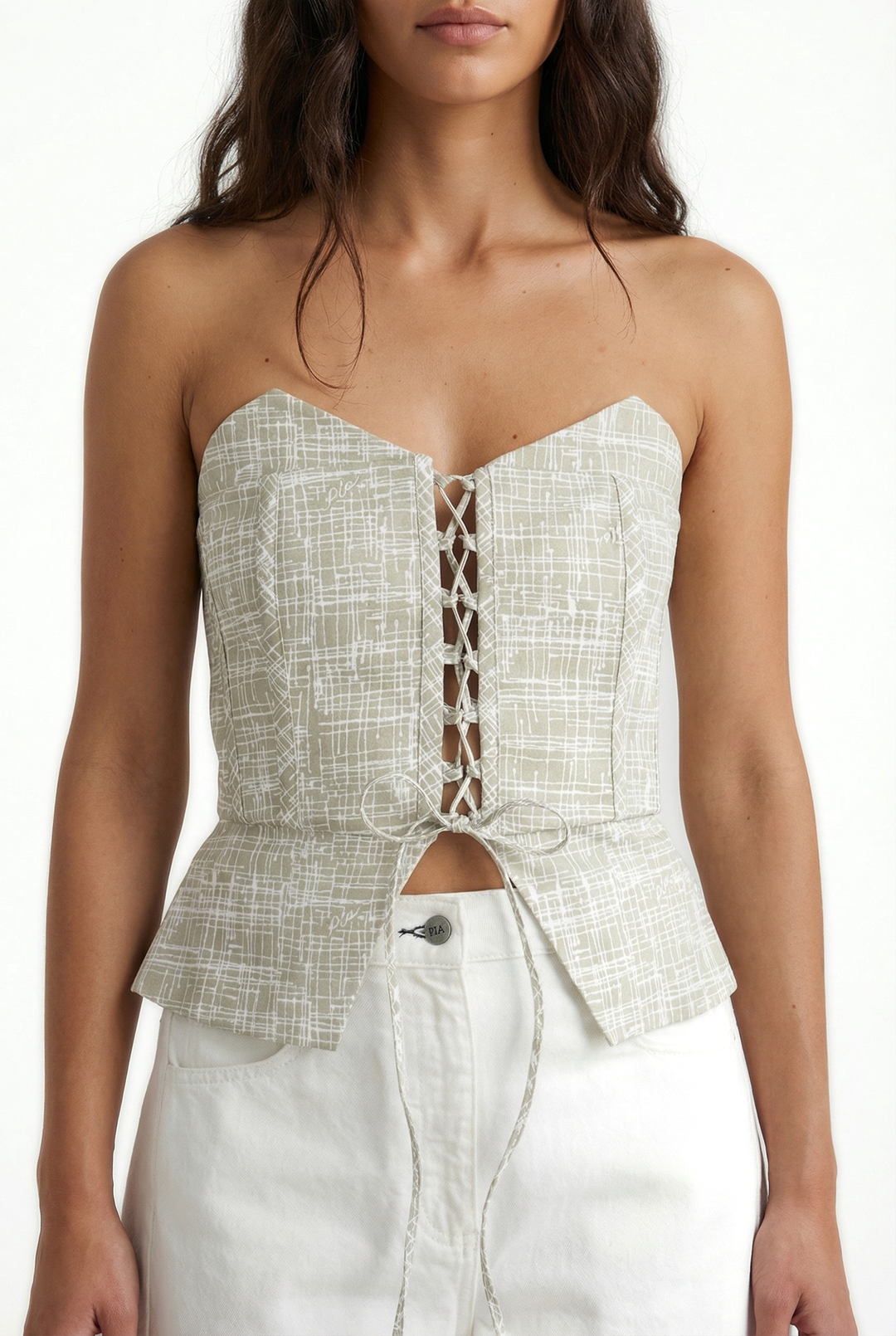 BIANCO - HAKİ ÇAPRAZ ÇİZGİ BASKILI ÇAPRAZ BAĞLAMALI STRAPLEZ BÜSTİYER