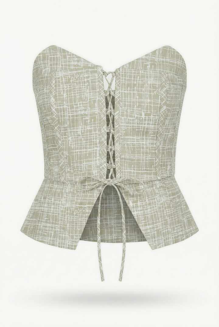 BIANCO - HAKİ ÇAPRAZ ÇİZGİ BASKILI ÇAPRAZ BAĞLAMALI STRAPLEZ BÜSTİYER