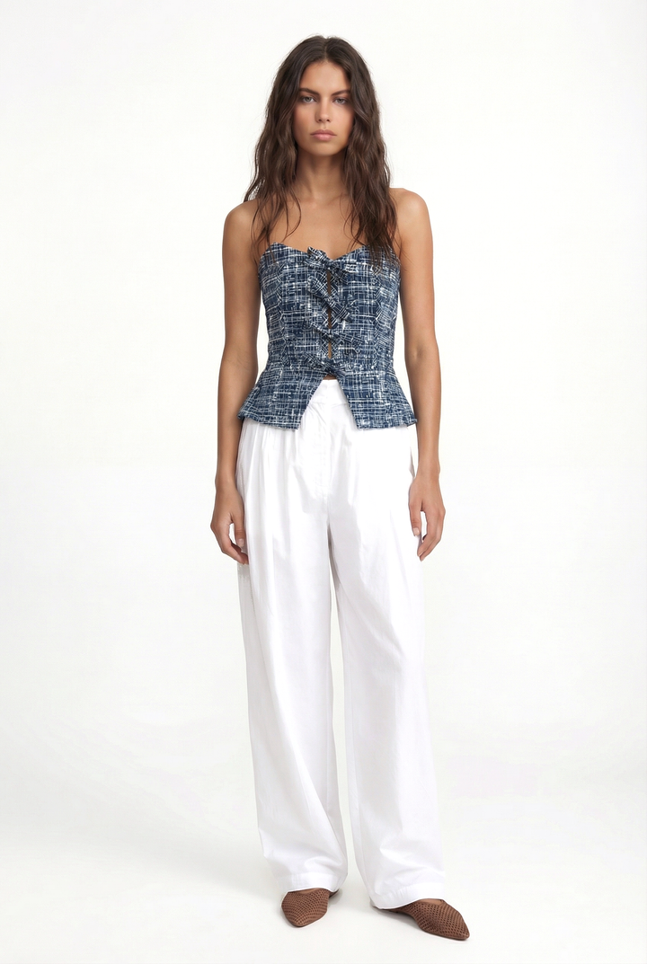 NARA -  LACİVERT ÇAPRAZ ÇİZGİ BASKILI ÖNÜ BAĞCIKLI STRAPLEZ BÜSTİYER