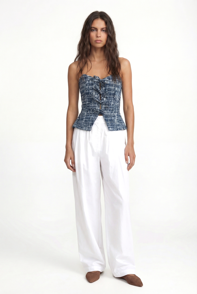 NARA - FRONT LACE-UP STRAPLESS BUSTIER - CROSSED LINES NAVY – PIA