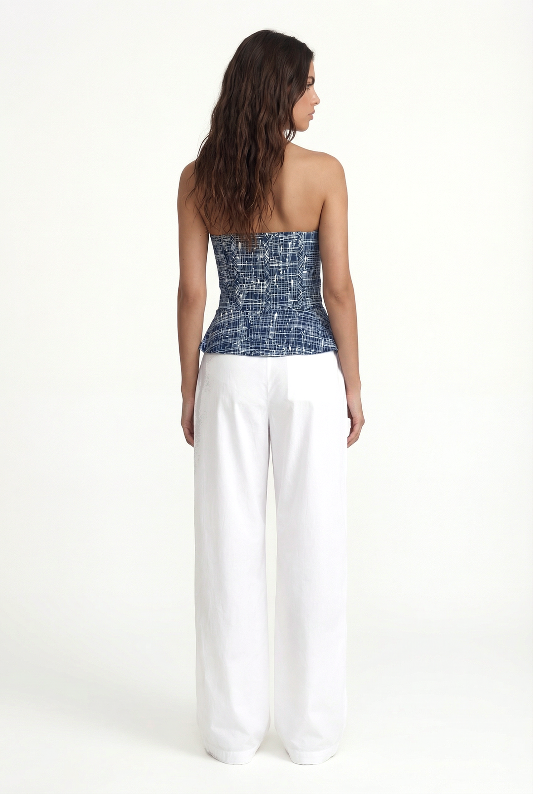 NARA -  LACİVERT ÇAPRAZ ÇİZGİ BASKILI ÖNÜ BAĞCIKLI STRAPLEZ BÜSTİYER