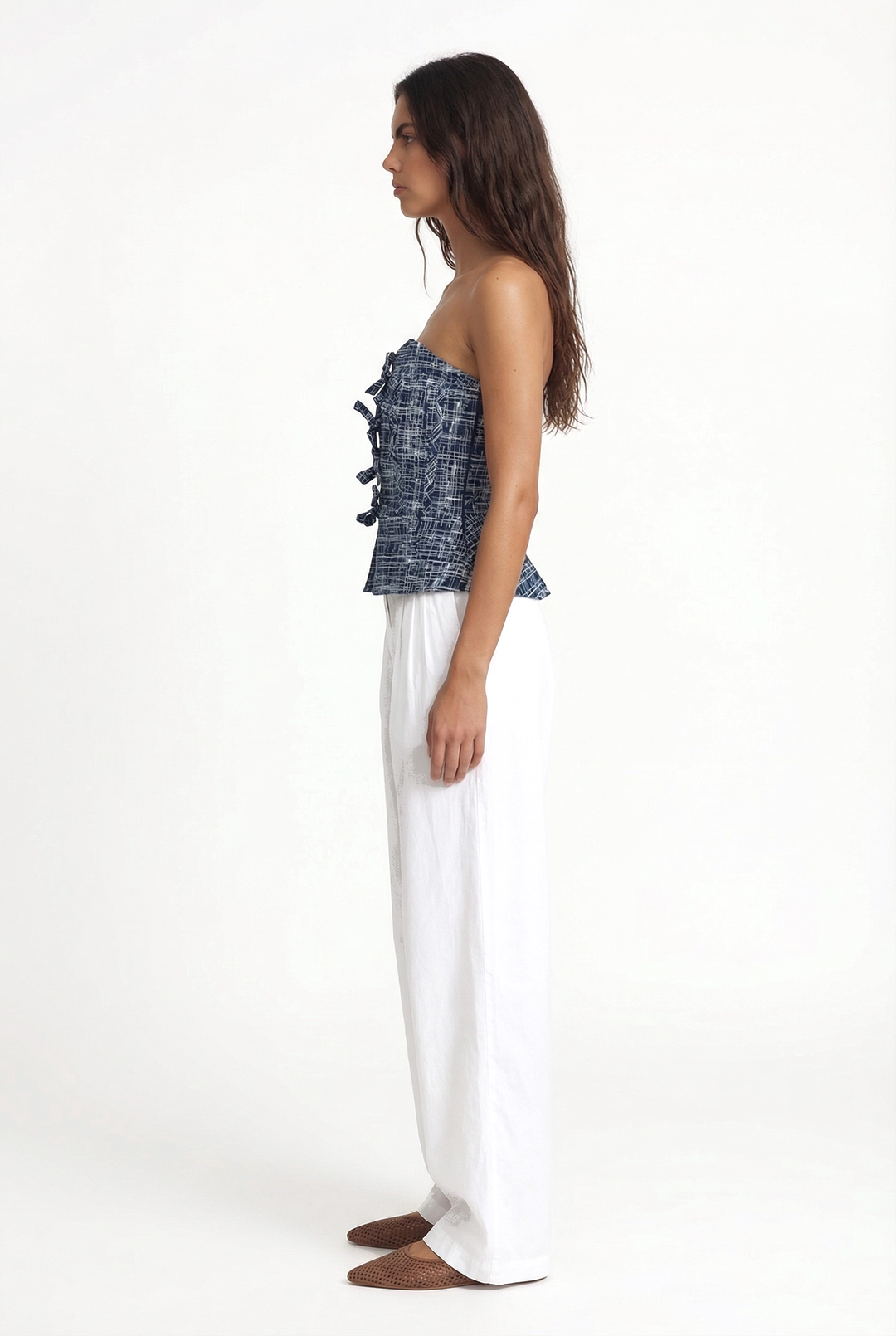 NARA -  LACİVERT ÇAPRAZ ÇİZGİ BASKILI ÖNÜ BAĞCIKLI STRAPLEZ BÜSTİYER