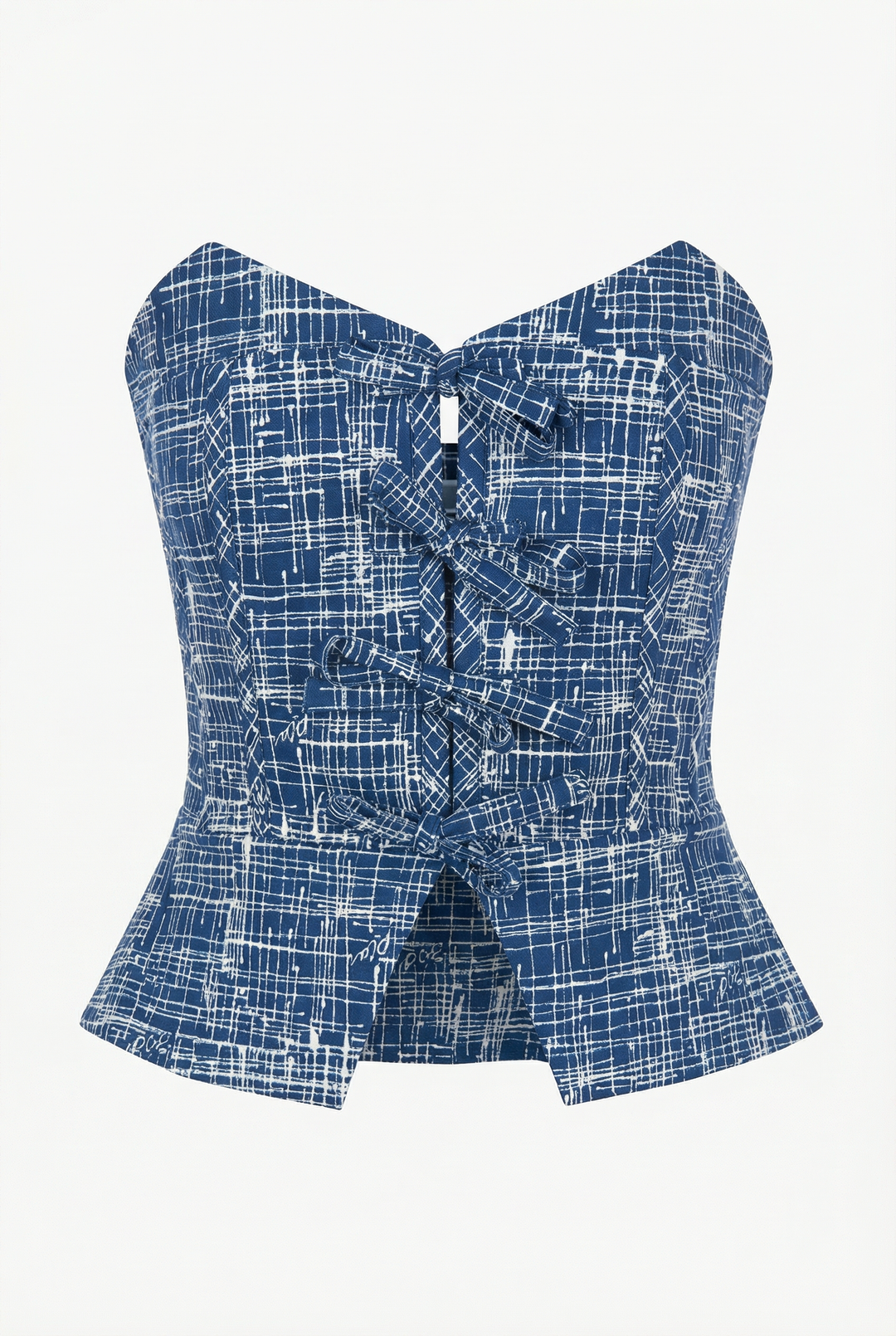 NARA -  LACİVERT ÇAPRAZ ÇİZGİ BASKILI ÖNÜ BAĞCIKLI STRAPLEZ BÜSTİYER