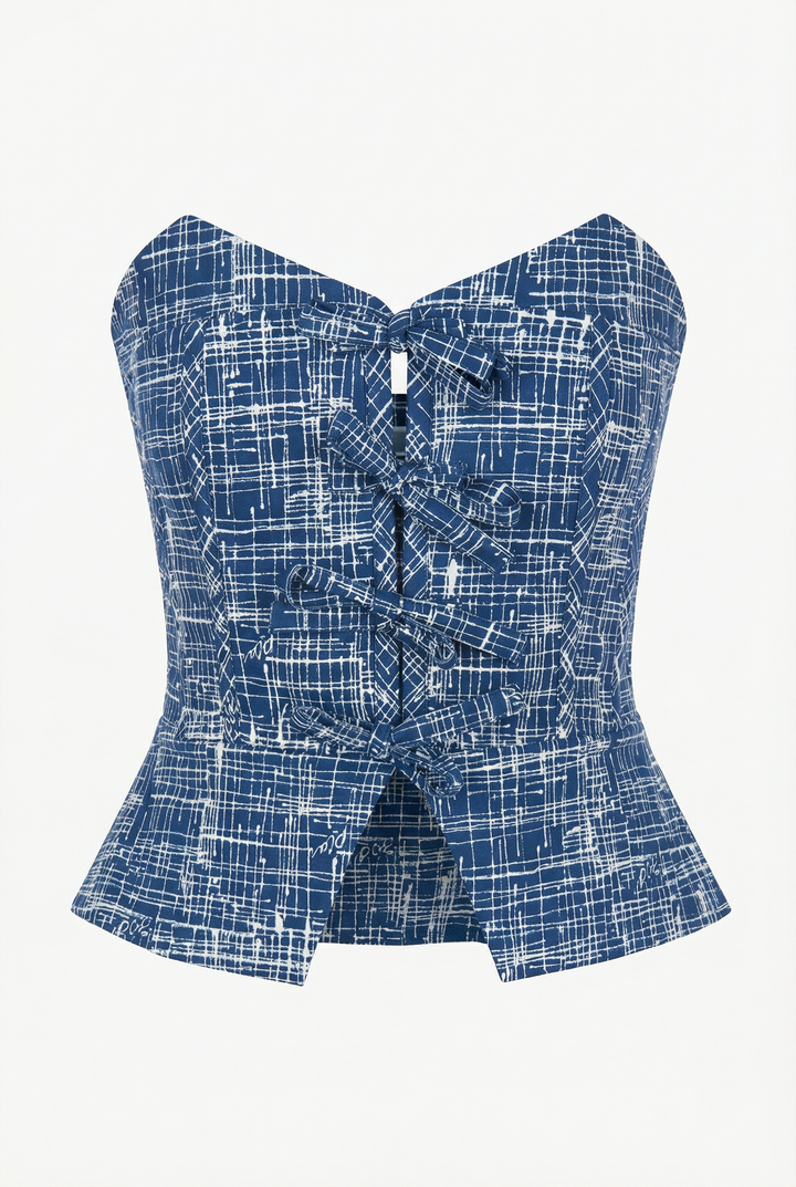 NARA -  LACİVERT ÇAPRAZ ÇİZGİ BASKILI ÖNÜ BAĞCIKLI STRAPLEZ BÜSTİYER