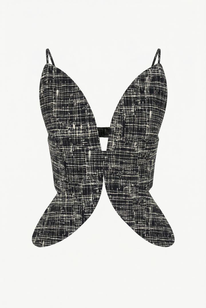 DAISY - SİYAH ÇAPRAZ ÇİZGİ BASKILI İKONİK ÇİÇEK KESİMLİ ÜST