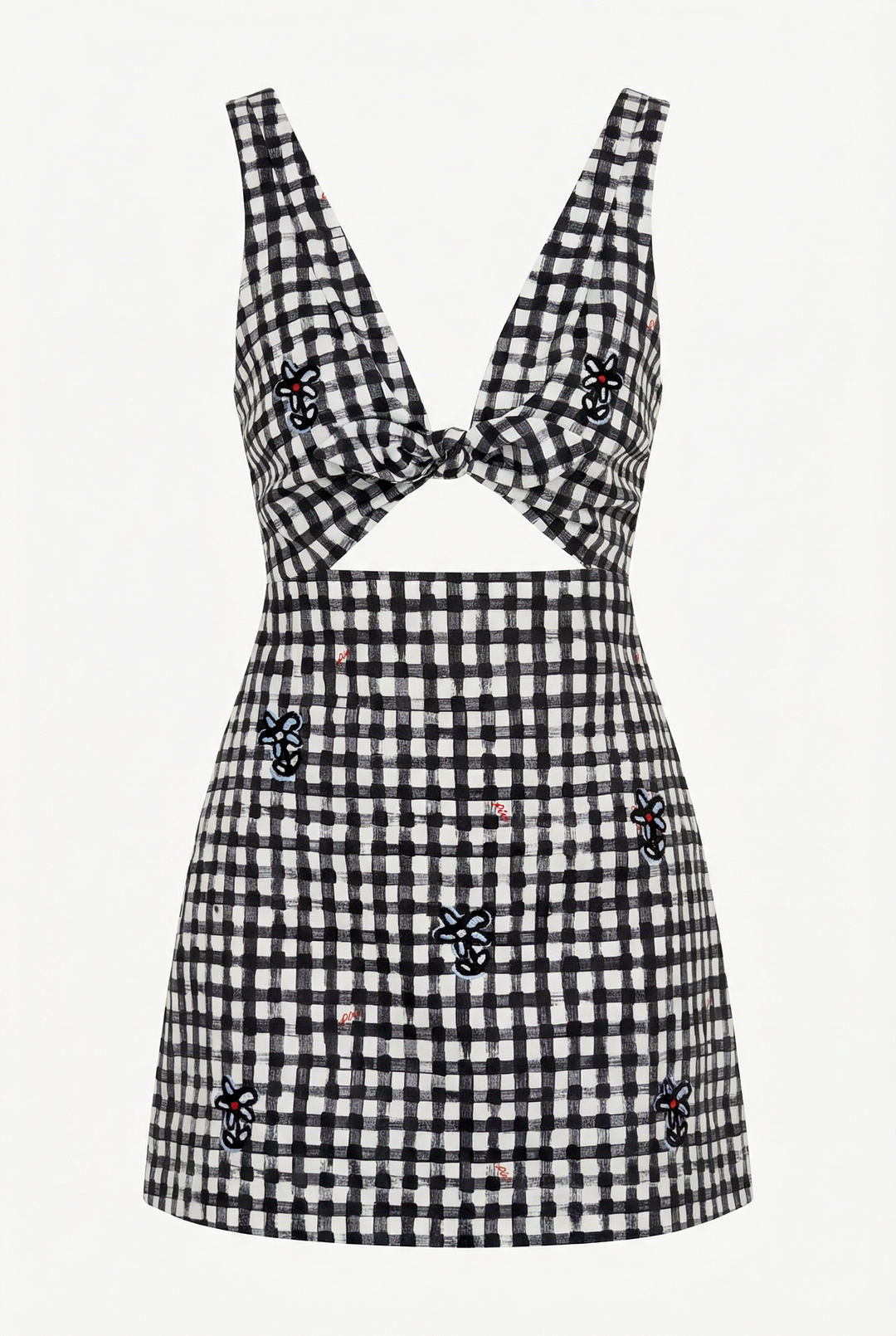 VALENCIA - NAKIŞ DETAYLI KALIN ASKILI SİYAH BEYAZ KARELİ ELBİSE