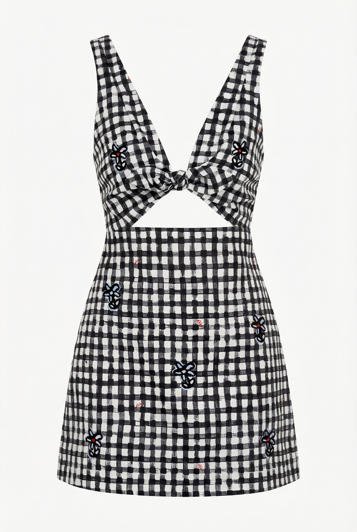 VALENCIA - NAKIŞ DETAYLI KALIN ASKILI SİYAH BEYAZ KARELİ ELBİSE