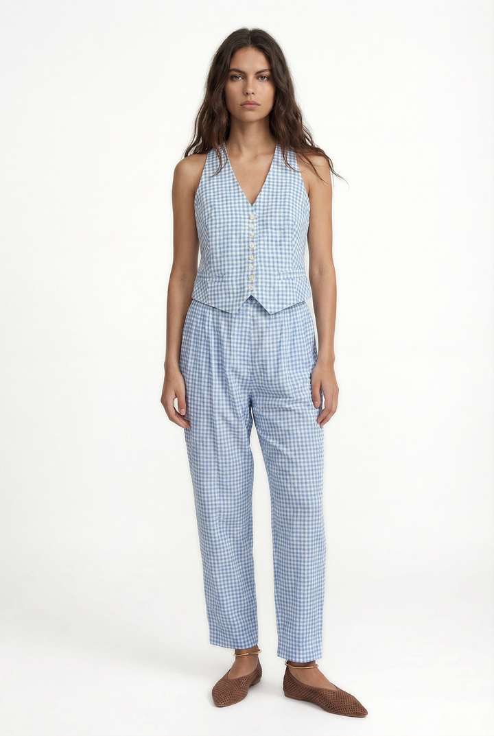 YAZZ - BLUE PLAID ANKLE LENGHT PANTS WITH SIDE POCKETS - BLUE PLAID