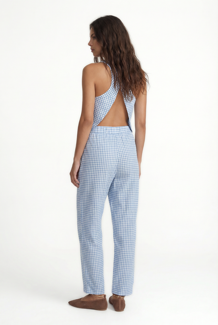 YAZZ - BLUE PLAID ANKLE LENGHT PANTS WITH SIDE POCKETS - BLUE PLAID