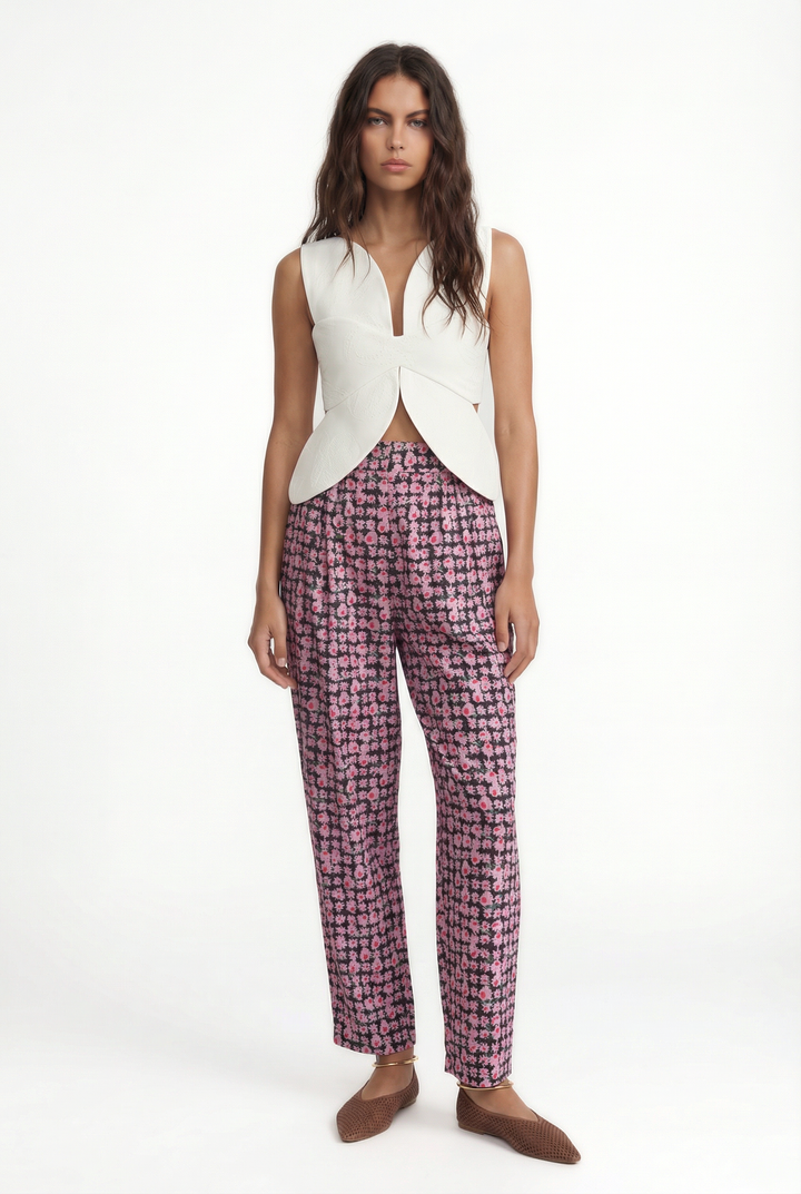 YAZZ - FLORAL PRINTED ANKLE LENGHT PANTS WITH SIDE POCKETS - MODULAR BLOOM PINK