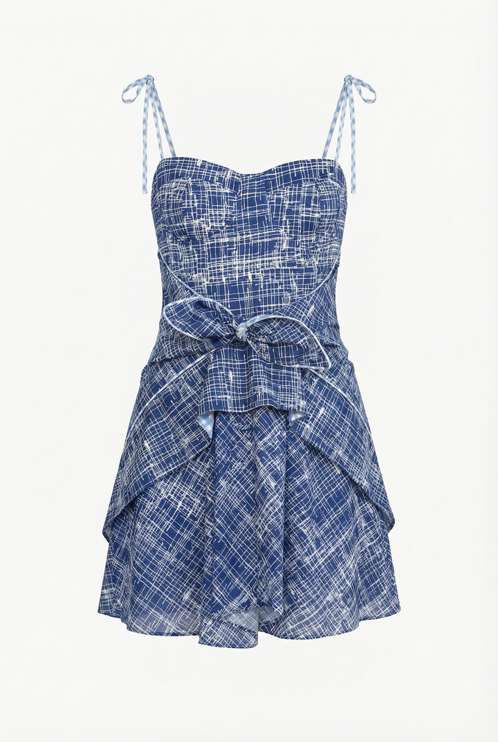 COAST - FRONT-TIE ASYMMETRIC SHORT DRESS - CROSSED LINES NAVY