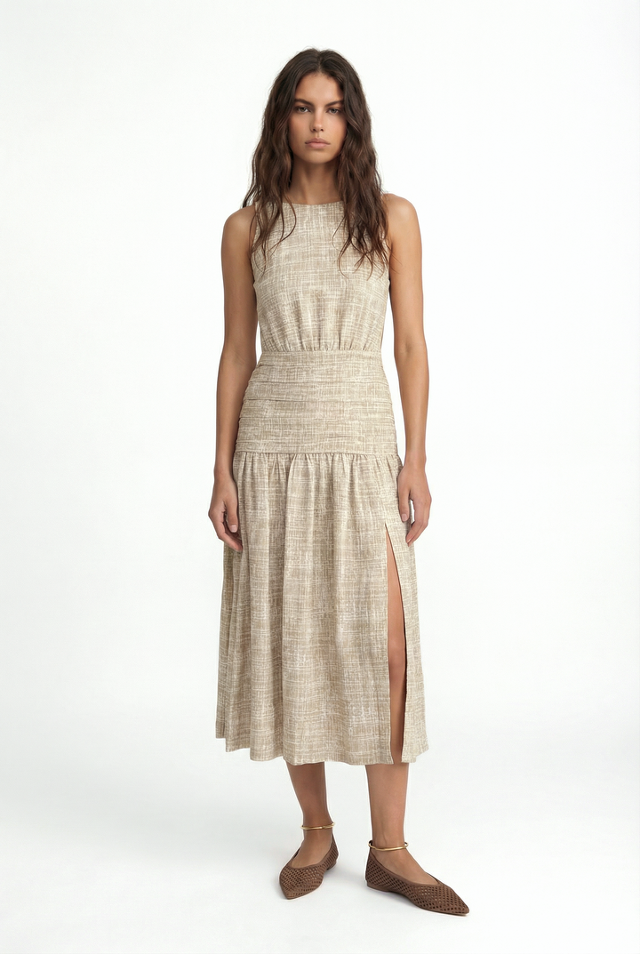 BRUNA - HAKİ ÇAPRAZ ÇİZGİ BASKILI SIRTI AÇIK MİDİ ELBİSE