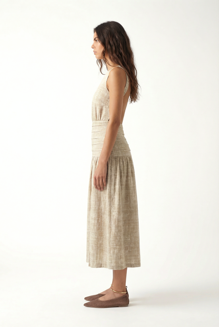 BRUNA - HAKİ ÇAPRAZ ÇİZGİ BASKILI SIRTI AÇIK MİDİ ELBİSE