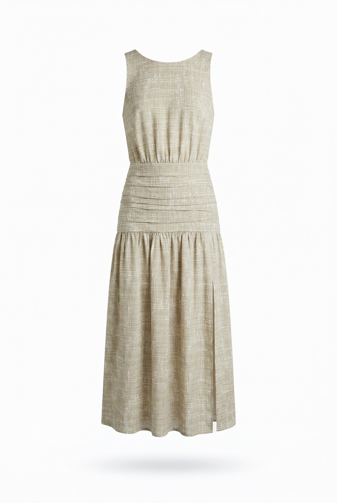 BRUNA - HAKİ ÇAPRAZ ÇİZGİ BASKILI SIRTI AÇIK MİDİ ELBİSE